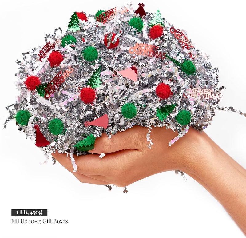 PAPER FAIR 1LB Christmas Crinkle Cut Paper Shred Filler Diamond White Metallic Silver Raffia Grass w/Green Red Pompoms, Xmas Candy Cane Gift Box Basket Wrap Craft Bedding Cushion - Image 3